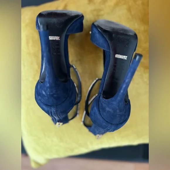 Schutz Sandalia Salto Alto Nobuck Sailfish heels navy/gold size 8 with box - Picture 4 of 16